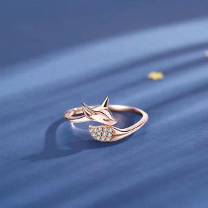 Fox Animal Shaped 14K Rose Gold Rings For Women Fashion Cute Female Crystal Ring Jewelry Romantic Ladies Party Jewelry Gifts