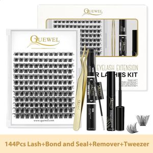 Quewel Diy Lashes Kit 144Pcs Lash Clusters with 72h Long Lasting Bond and Seal Remover Golden Tweezer Easy Apply 240305
