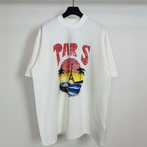 led balenciagia track designer clothes triple s balanciaga Tshirt extremeHigh Version Paris 24 Hawaiian Coconut Tower Hand Drawn Letter Print Short Sleeved Washed