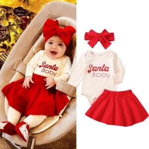 Платья MaBaby 018M, рождественский комплект одежды для маленьких девочек, комбинезон с надписью для новорожденных, юбки с рюшами, повязка на голову, наряды, рождественские костюмы D01