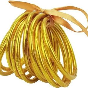 12-lagiges Schleifenband, gemischt mit glänzendem, bonbonfarbenem Silikon-Damenarmband JELLY BANGLE Gold Powder