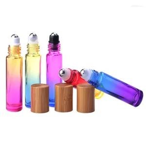 Storage Bottles 1000pcs/lot 10ML Gradient Color Thick Glass Roll On Essential Oil Bottle With Wood Grain Cover Empty Parfum Roller Ball