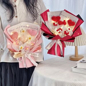 Love Flower Bouquet Woven Artificial Flowers Crochet Buquets San Valentin Day Gift Wedding Gäster 14 februari S 240308