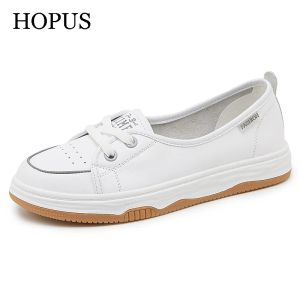 Boots Hopus Women Women Flats de alta qualidade New Summer Women Shoes Moda de couro genuíno raso e respirável vulcanize sapatos casuais não -lips
