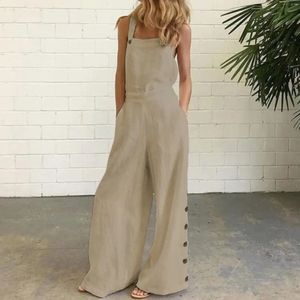 Women Jumpsuit Rompers Wide Leg Pants Pure Color Low Cut Large Size Side Buttons Sleeveless Long Trousers Suspenders Playsuit 240313