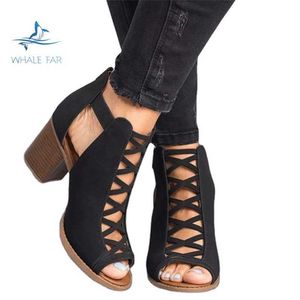 HBP Non-Brand shoes Women Square Heel sandals Peep Toe Hollow Out Chunky Gladiator With Strap Black Summer Shoes Sexy womens