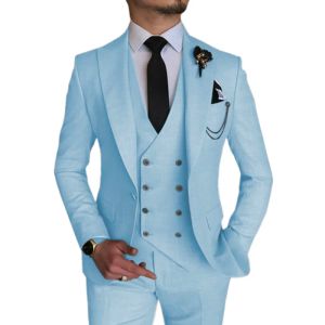 Ternos de casamento smoking mais recente terno do noivo clássico masculino ternos padrinhos festa formal 3 peças luz azul tecido tr tecido adultos