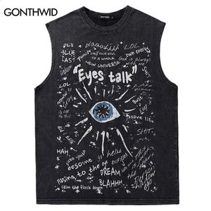 Vintage tank tops streetwear hip hop graffiti carta olho impressão gráfica sem mangas t-shirt y2k homens harajuku punk camisas lavadas 240313