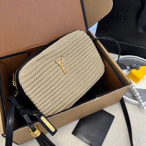 Designer bag shoulder bag straw woven spliced leather camera bag fashionable women crossbody bag