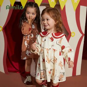 Amila Baby Dress Spring Style Academic Sleeves A-Line Dresses for Girls Conte Cartoon Print Childrens Complements 240307