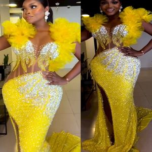 2024 Aso Ebi Giallo Sirena Abito da ballo Paillettes Perline Cristalli Serata formale Festa Secondo ricevimento 50esimo compleanno Abiti di fidanzamento Abiti Robe De Soiree ZJ185