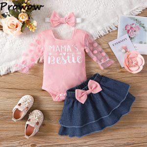 Elbiseler Prowow 018m Yaz Bebek Kız Kıyafet Setleri Pembe Noktalar Dantel Romper+Katmanlı Denim Etekler Yenidoğan Doğum Set Bebek Kıyafetleri