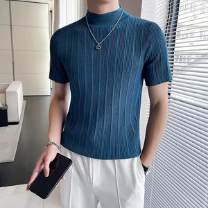 Men's Sweaters High Quality Summer Stripe Short Sleeve Plaid T Shirts Men Clothing Slim Fit Stretched Casual Collar Homme