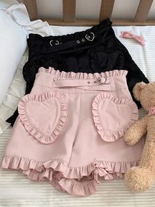 Japonês doce lolita shorts feminino gótico amor babados bolso cintura alta calças curtas bonito meninas harajuku preto rosa y2k shorts 240314
