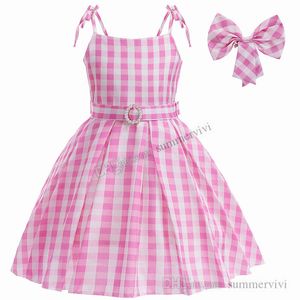 2024 Sweet Girls Plaid Dresses Lolita Kids Bow Hairpins Pink Suspender Princess Dress Ins Children Cosplay Clothes S0610 Bästa kvalitet