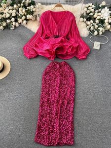 Work Dresses Sleeve Belt Ruffles Shirt Top Elastic Waist Bodycon Skirt Suit Sexy Club Luxury Sequined 2 Pieces Set Women V Neck Lantern