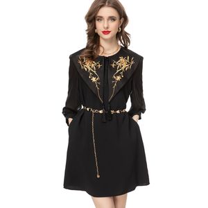 Women's Runway Dresses Turn Down Collar Wrist Sleeves Embroidery Side Pockets Fashion Casual Pencil Vestidos