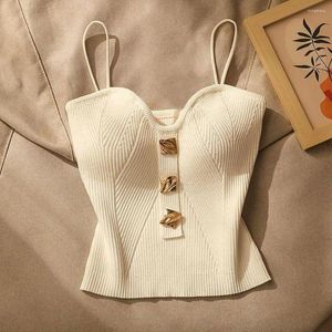 Blusas femininas mulheres colete elegante malha colheita top com alças de espaguete acolchoadas backless design cor sólida v pescoço botão decoração para um