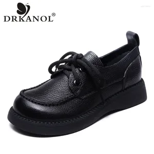 Sapatos casuais drkanol artesanal costura mulheres plana estilo retro genuíno couro de vaca rendas dedo do pé redondo primavera outono único