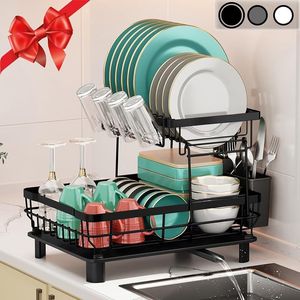 MOUKABAL 2-Tier Kitchen Dish Drying Rack with Removable Utensil Holder, Large Capacity Drying Drainboard for Kitchen Sink Counter (Black, Metal)