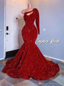 Bling Red Sequined Prom Dresses Vintage One Shoulder Long Sleeve Ruched aftonklänningar Plus Size Formal Party Wear BC3613