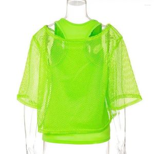 Kvinnors blusar mesh skjorta väst set neon ljus topp tankfärg med kort ärm o-hals för sexig