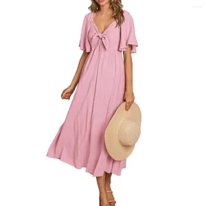 Abiti casual Elegante abito longuette da donna scollo a V estivo con dettaglio fiocco silhouette a trapezio tessuto traspirante per vacanze al mare