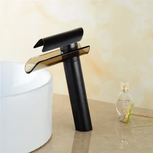Смесители для раковины в ванной комнате, черный латунный водопадный смеситель для раковины с одним отверстием, стеклянный медный смеситель для холодной стирки