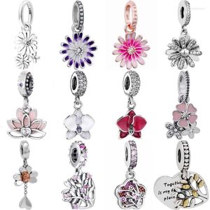 Lose Edelsteine, lila Gänseblümchen, Orchidee, heitere Lotusblume, Stammbaum, Herz-Anhänger, Perlen, 925er Sterlingsilber, passend für modische Armbänder