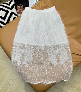 2024 Summer White Women's kjolar Mesh Yarn Pearls Beads Milan Runway Women Slim kjolar 31722