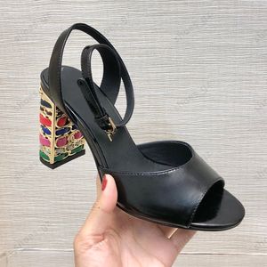 Top-Qualität aus farbigem Leder, klobige High-Heel-Sandalen, 8,5 cm, klobige Absätze, Knöchelriemen, offene Zehenschuhe, Damen-Luxus-Designer-Sandalen, Damen-Dinner-Party-Schuhe