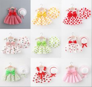 Летние комплекты одежды для новорожденных, одежда для маленьких девочек, корейский милый принт, пляжное платье без рукавов в клетку, клубничное платье, шляпа от солнца, принцесса Dr5020967