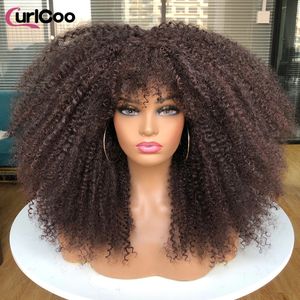 Curly peruker för svarta kvinnor afro kinky lockig peruk med lugg bouncy fluffy syntetiskt naturligt hår cosplay party värme resistent 240305