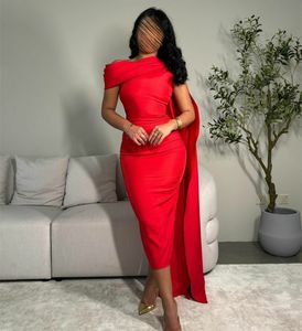 Classy Short Crepe Red Evening Dresses Sheath One Shoulder Above Ankle Length Zipper Back Prom Dresses Robe De Soiree Formal Party Gown for Women