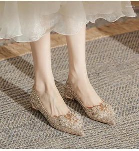 Casual Shoes Size 35-40 Flat Wedding Women Gold Low Heels 2024 Pointed Bride Crystal Sequins Bridesmaid