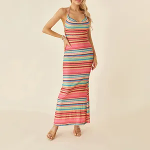 Casual Dresses Women's Sweet Beach Slim Style Halter Bodycon Long Dress Sleeveless Backless Striped Print Knit Bohemian