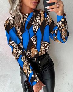 Damenblusen, Boho-Leopardenmuster, Pullover, Hemdbluse, Damen, Frühling, Herbst, modisch, O-Ausschnitt, Langarmshirts für 2024, lässige Oberteile mit Knöpfen