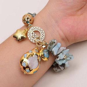 Strang GG Schmuck, kultivierte weiße Perle, seltener blauer Larimar-Stein, vergoldeter Rand, Muranoglas, CZ-Perlen, Armband, Party-Geschenke, Armreif