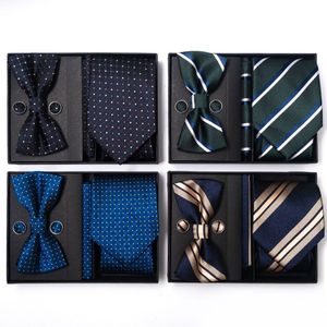 Mans Kerchief CuffLinks Butterfly Bowtie 웨딩 액세서리 선물 상자 세트를위한 비즈니스 블루 넥 타이