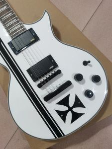 Guitarra elétrica branca, hardware eletrônico preto, corpo cruzado embutido, caixa de bateria, em estoque