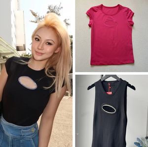 デザイナーの衣服デザイナーレディーストップTシャツニットティーティーズレギュラークロップドタンクトップOネックジャージー刺繍コットンブレンドノースリーブホローアウトショーツスーツ