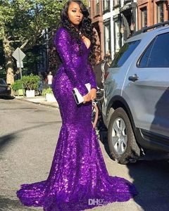 V Neck Purple paljetter Mermaid Prom -klänningar Långa ärmar Ruched Formal Celebrity Evening Party Gowns Plus Size BC4023