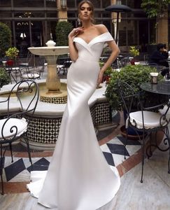 Elegant Long Crepe Off Shoulder Wedding Dresses Mermaid White Zipper Back Sweep Train Vestidos de Novia Abendkleider Bridal Gowns for Women