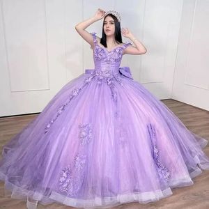 ライラックボールガウンQuinceaneraドレス2024ビッグボウ3Dフラワーアップリックシンデレラ16プリンセスガウンズVestidos de 15 Anos