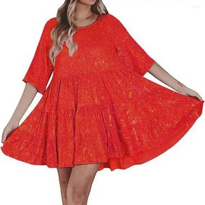 Casual Dresses Women Dress Shiny Sequin A-line Patchwork Big Swing V Neck Pleated Round Short Sleeve Prom Party Above Knee Mini