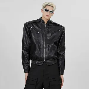 Men's Jackets Mens Cropped Leather Spring Autumn Shoulder Pad PU Coat Solid High Street Coats Lapel Streetwear Outwear Male Loose Top