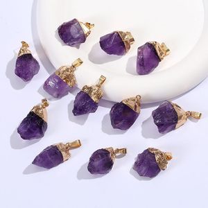 Vergoldeter natürlicher Amethyst-Anhänger, unregelmäßiger lila Kristall-Rohstein-Anhänger für Halskette, Ohrringe, Schmuckherstellung, Zubehör