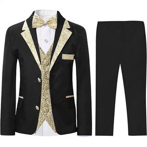 Boys Slim Fit Suits 5 조각 세트 아이 블레이저 조끼 바지 셔츠 셔츠 보우 티 재킷 웨딩 파티를위한 금색 림 240304