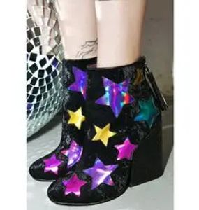 Buty Spring Five Winted Star cekin dla kobiecych kostek okrągły głowica czarny mieszany kolor grubego obcas