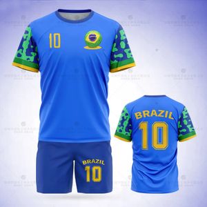 2023 Jumeast Brasilien Fußball Jersey Muster T-Shirt Set Flagge Print Shorts Blau Mesh Sport Ball Kleidung Team Uniform 240315